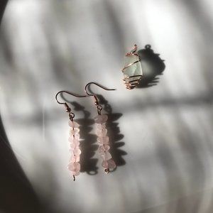 Handmade Rose Quartz Earrings + Sea Glass Pendant